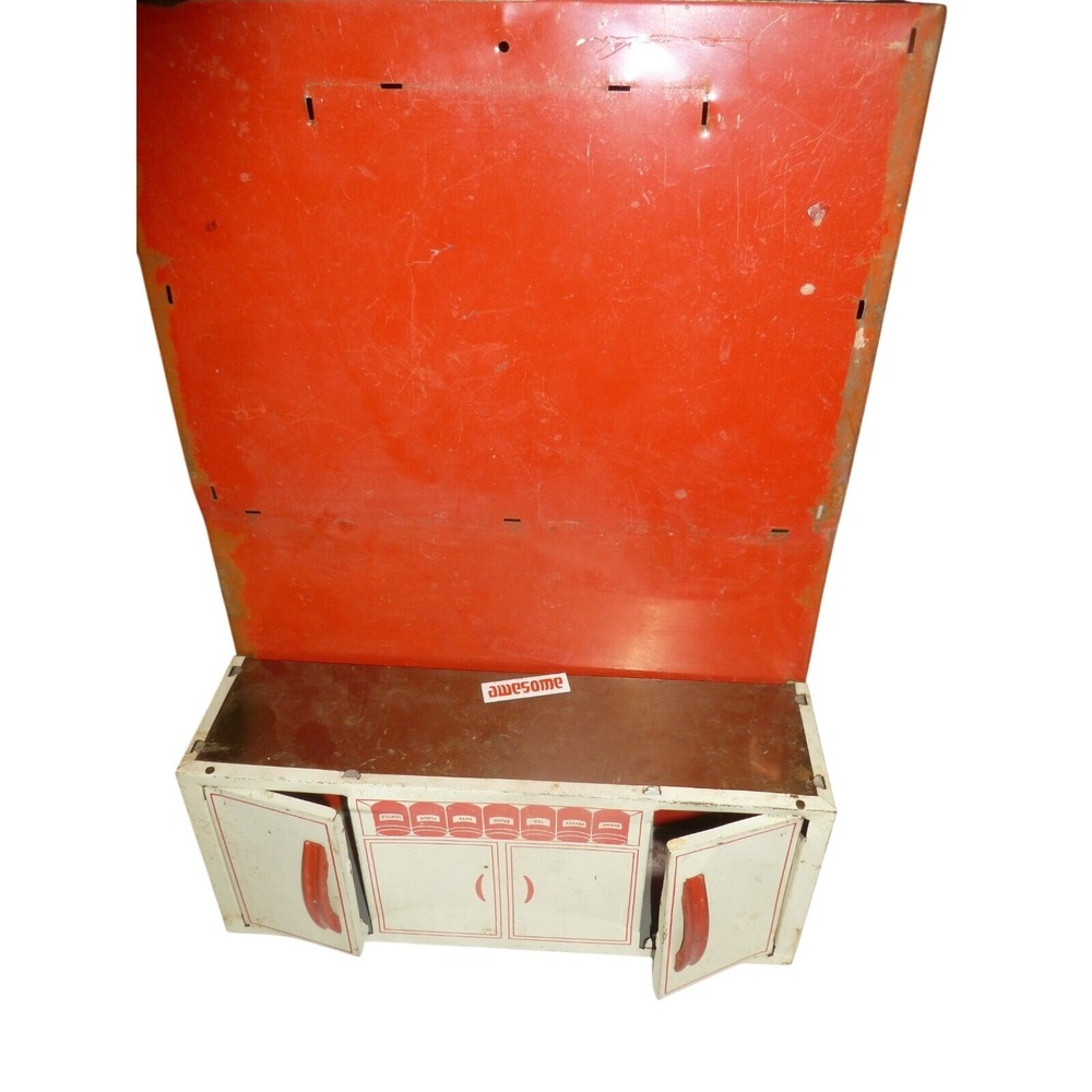 Vintage Wolverine Tin Litho Toy Kitchen Cabinet Red White Metal Doll Furniture
